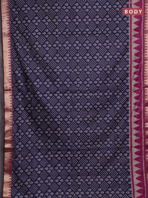 Navy Blue & Magenta Pink Semi Tussar Saree - Kantha Work