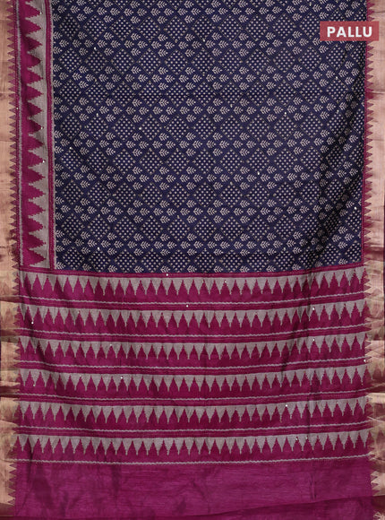 Navy Blue & Magenta Pink Semi Tussar Saree - Kantha Work