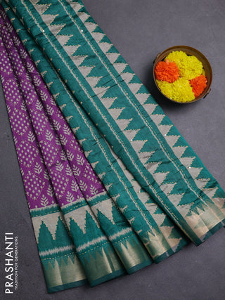 Purple & Green Semi Tussar Saree - Kantha Work