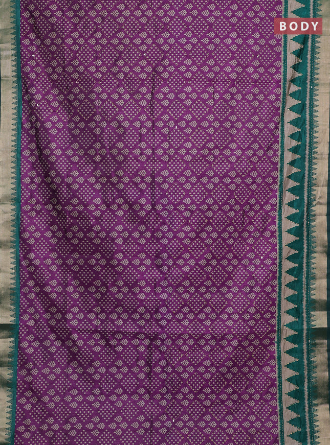 Purple & Green Semi Tussar Saree - Kantha Work