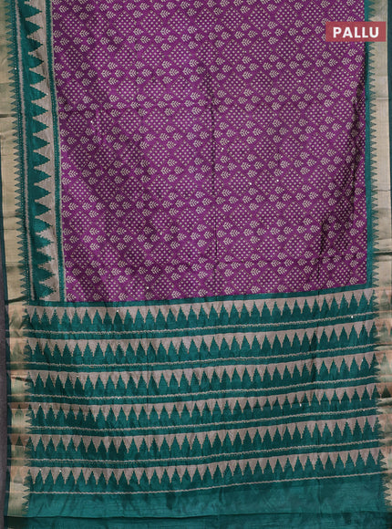 Purple & Green Semi Tussar Saree - Kantha Work
