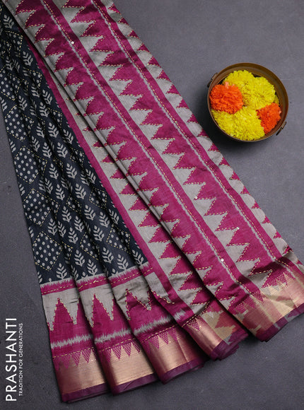 Black & Magenta Pink Semi Tussar Saree - Kantha Work
