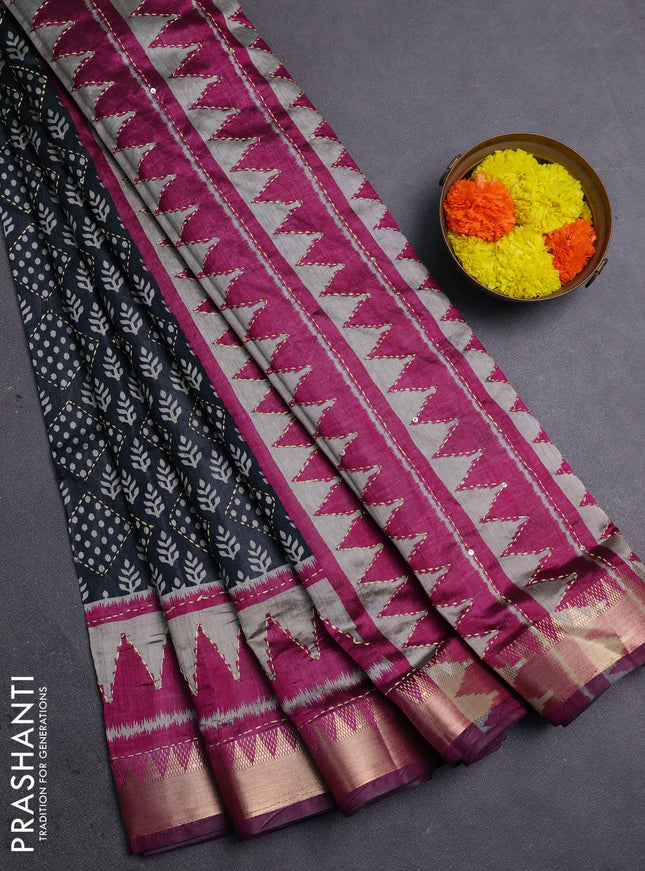 Black & Magenta Pink Semi Tussar Saree - Kantha Work