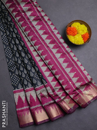 Black & Magenta Pink Semi Tussar Saree - Kantha Work