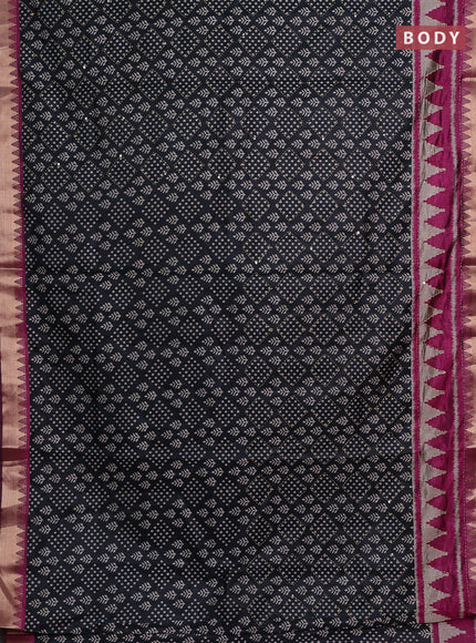 Black & Magenta Pink Semi Tussar Saree - Kantha Work
