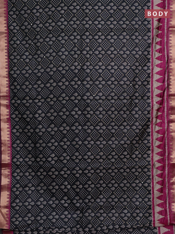 Black & Magenta Pink Semi Tussar Saree - Kantha Work