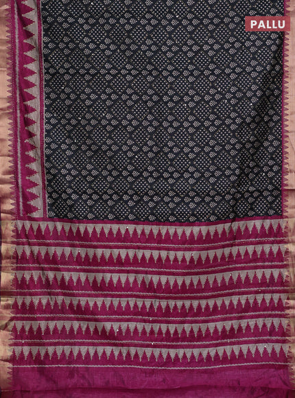 Black & Magenta Pink Semi Tussar Saree - Kantha Work