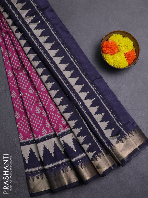 Magenta Pink & Navy Blue Semi Tussar Saree - Kantha Work