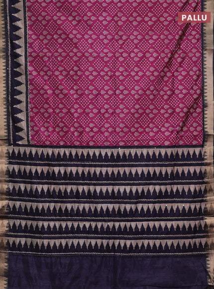 Magenta Pink & Navy Blue Semi Tussar Saree - Kantha Work