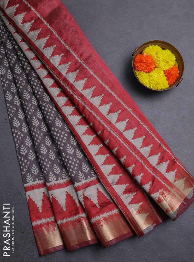 Grey & Red Semi Tussar Saree - Kantha Work