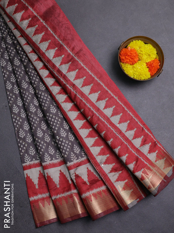 Grey & Red Semi Tussar Saree - Kantha Work