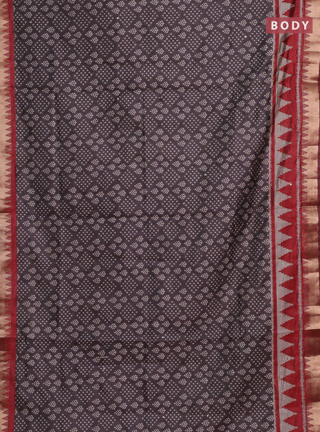 Grey & Red Semi Tussar Saree - Kantha Work