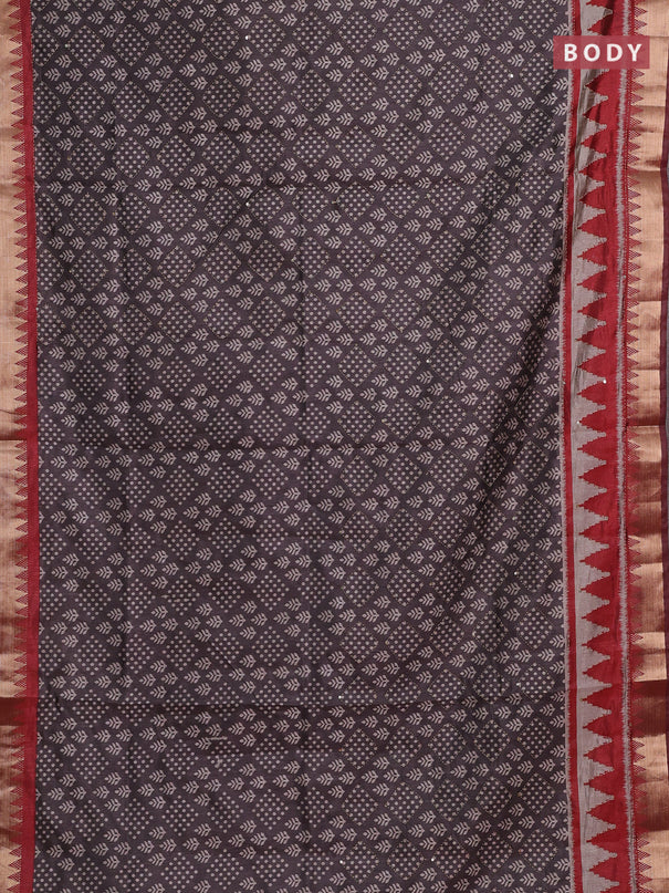 Grey & Red Semi Tussar Saree - Kantha Work