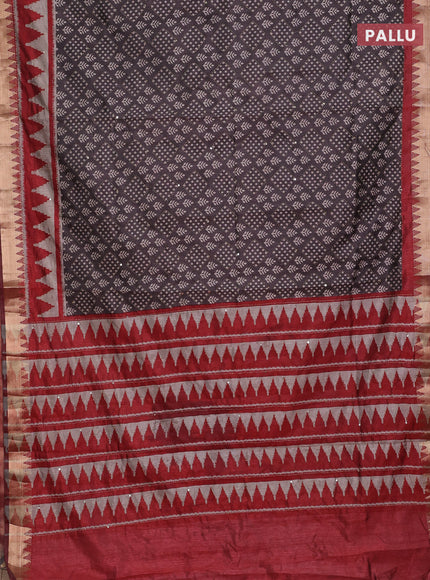 Grey & Red Semi Tussar Saree - Kantha Work