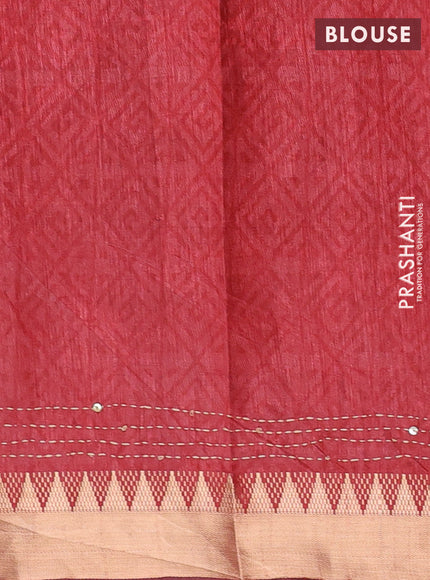Grey & Red Semi Tussar Saree - Kantha Work