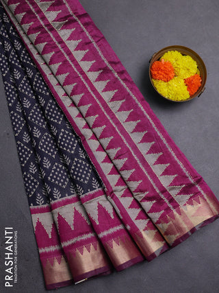 Navy Blue & Magenta Pink Semi Tussar Saree - Kantha Work