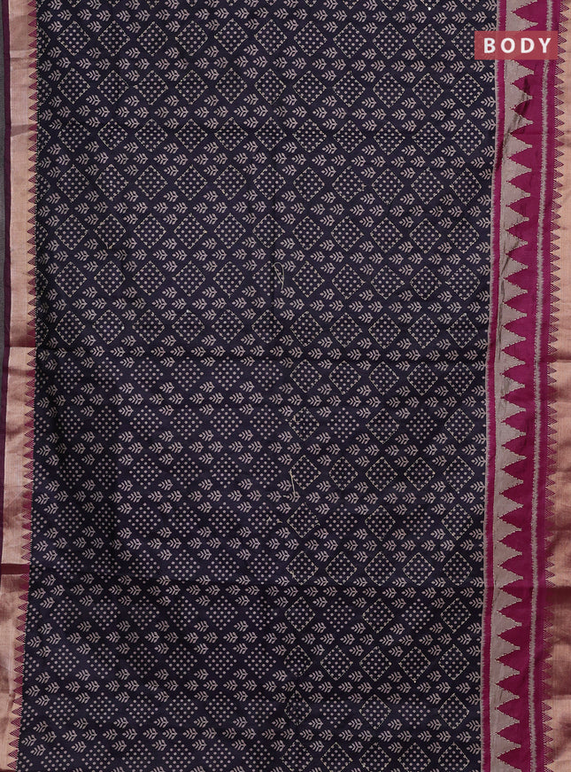 Navy Blue & Magenta Pink Semi Tussar Saree - Kantha Work