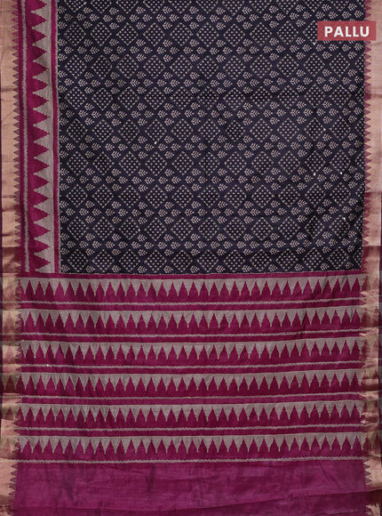 Navy Blue & Magenta Pink Semi Tussar Saree - Kantha Work