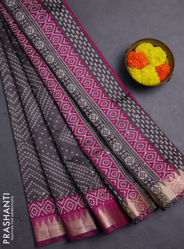 Grey & Magenta Pink Semi Tussar Saree - Kantha Work