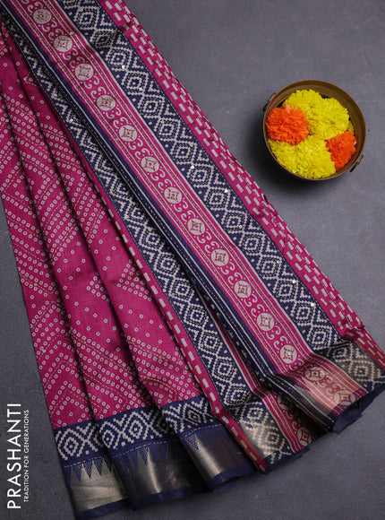 Magenta Pink & Navy Blue Semi Tussar Saree - Kantha Work