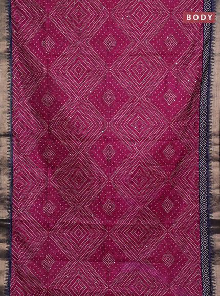 Magenta Pink & Navy Blue Semi Tussar Saree - Kantha Work
