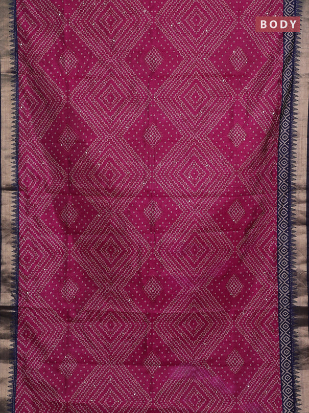 Magenta Pink & Navy Blue Semi Tussar Saree - Kantha Work