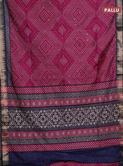 Magenta Pink & Navy Blue Semi Tussar Saree - Kantha Work
