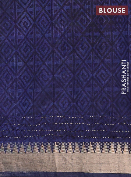 Magenta Pink & Navy Blue Semi Tussar Saree - Kantha Work