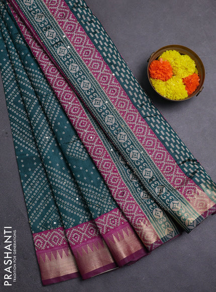 Green & Magenta Pink Semi Tussar Saree - Kantha Work