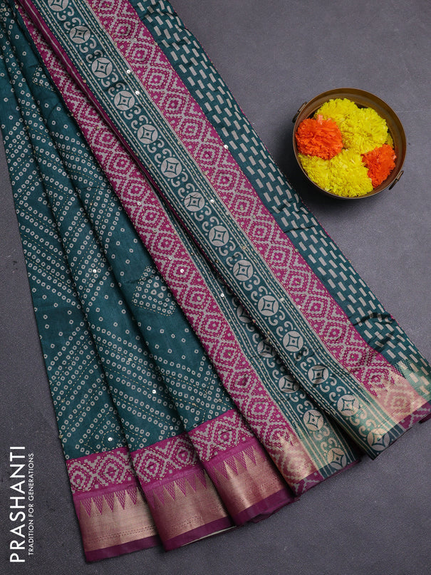 Green & Magenta Pink Semi Tussar Saree - Kantha Work