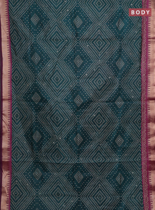 Green & Magenta Pink Semi Tussar Saree - Kantha Work