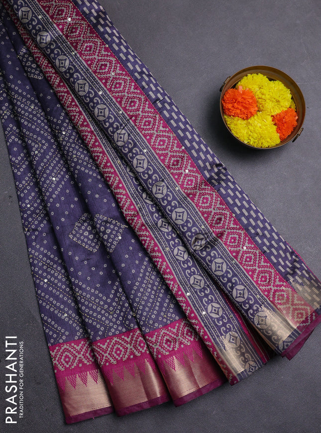 Navy Blue & Magenta Pink Semi Tussar Saree - Kantha Work