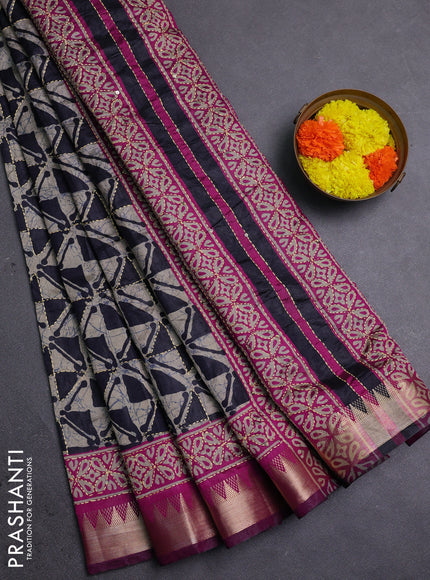 Navy Blue & Magenta Pink Semi Tussar Saree - Kantha Work