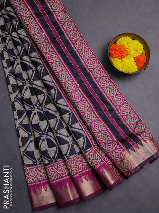 Navy Blue & Magenta Pink Semi Tussar Saree - Kantha Work