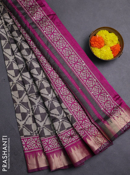 Grey & Magenta Pink Semi Tussar Saree - Kantha Work