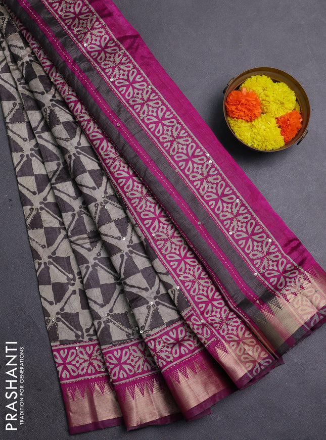 Grey & Magenta Pink Semi Tussar Saree - Kantha Work