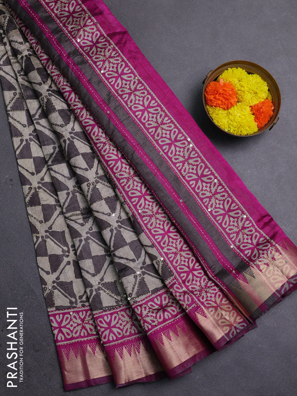 Grey & Magenta Pink Semi Tussar Saree - Kantha Work
