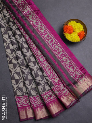Grey & Magenta Pink Semi Tussar Saree - Kantha Work