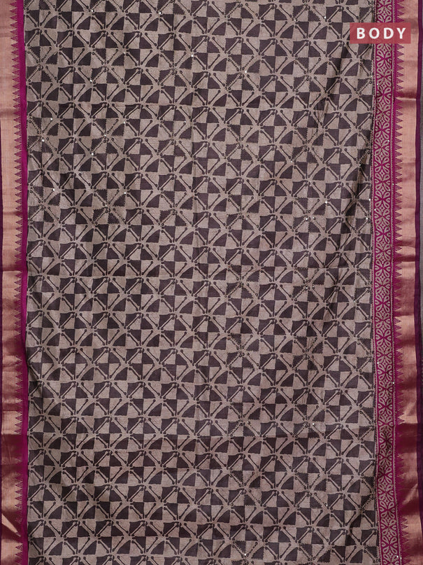 Grey & Magenta Pink Semi Tussar Saree - Kantha Work