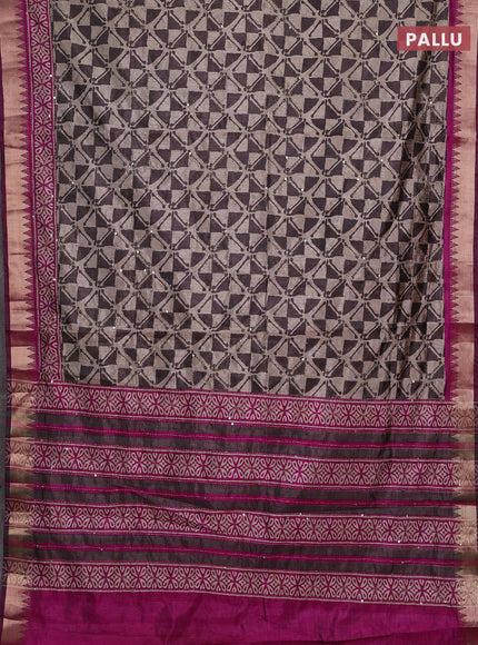 Grey & Magenta Pink Semi Tussar Saree - Kantha Work