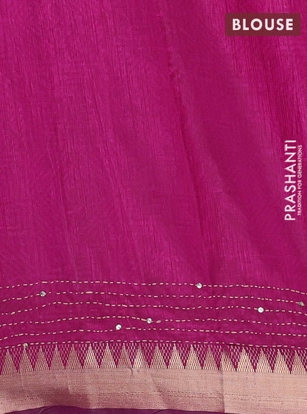Grey & Magenta Pink Semi Tussar Saree - Kantha Work