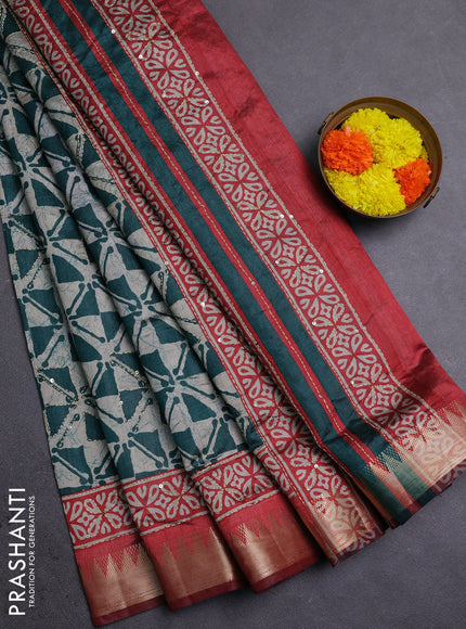 Green & Red Semi Tussar Saree - Kantha Work