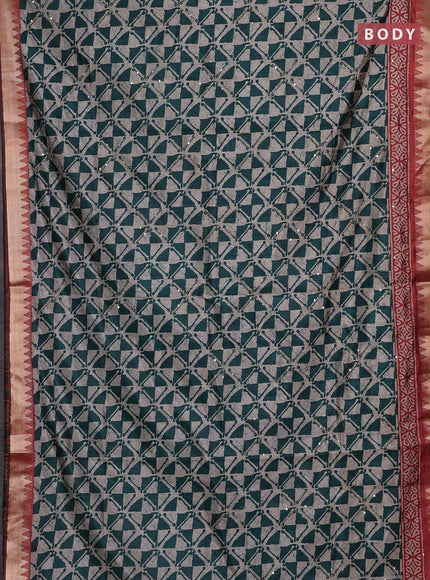 Green & Red Semi Tussar Saree - Kantha Work