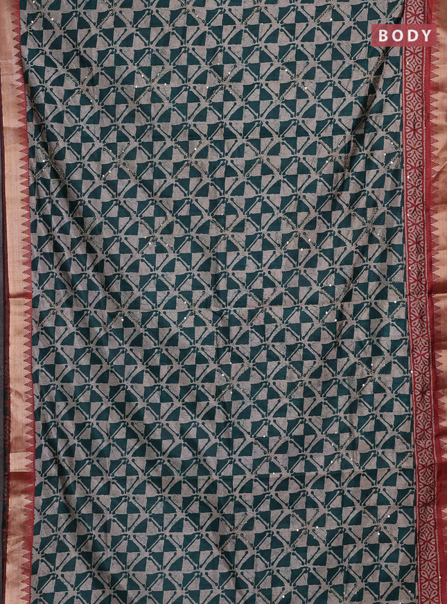 Green & Red Semi Tussar Saree - Kantha Work
