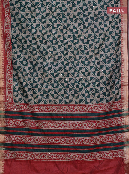Green & Red Semi Tussar Saree - Kantha Work