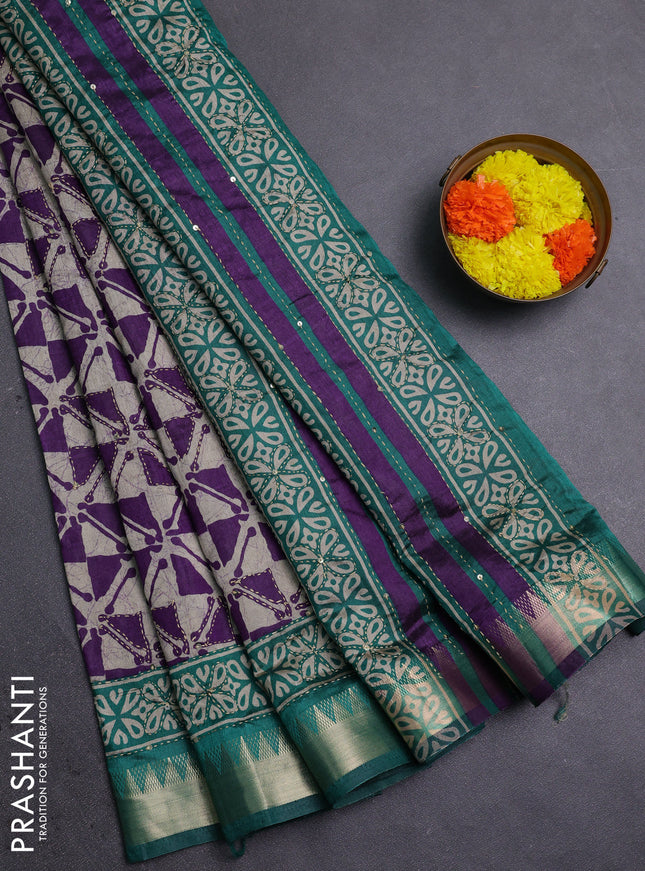Purple & Green Semi Tussar Saree - Kantha Work