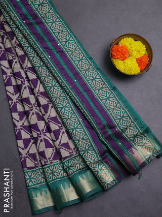 Purple & Green Semi Tussar Saree - Kantha Work