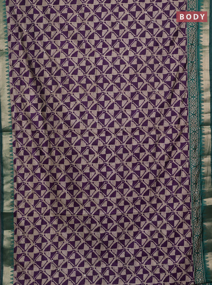 Purple & Green Semi Tussar Saree - Kantha Work