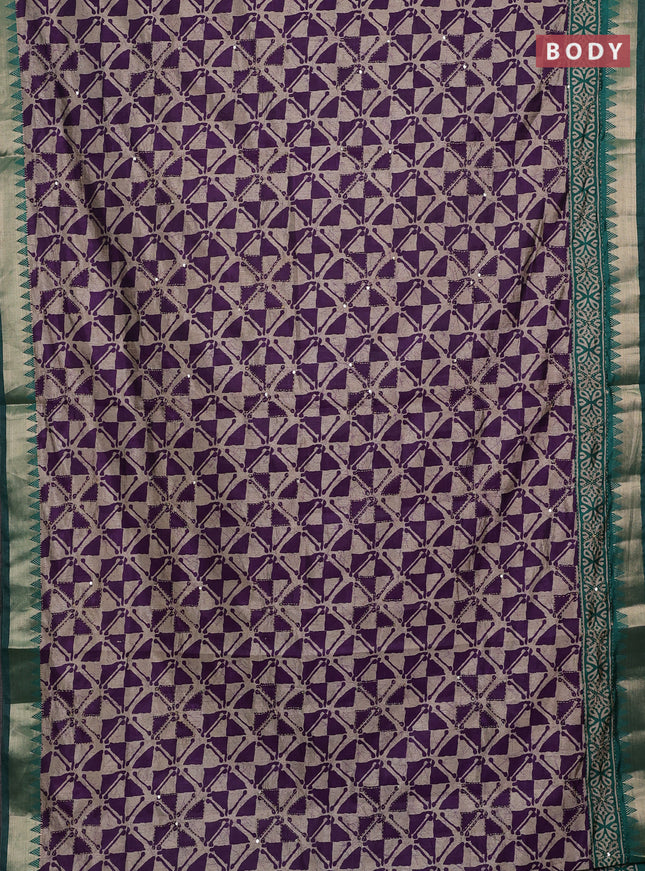 Purple & Green Semi Tussar Saree - Kantha Work