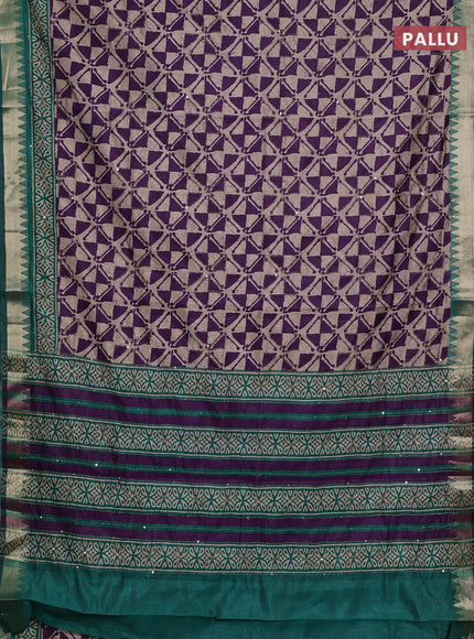 Purple & Green Semi Tussar Saree - Kantha Work